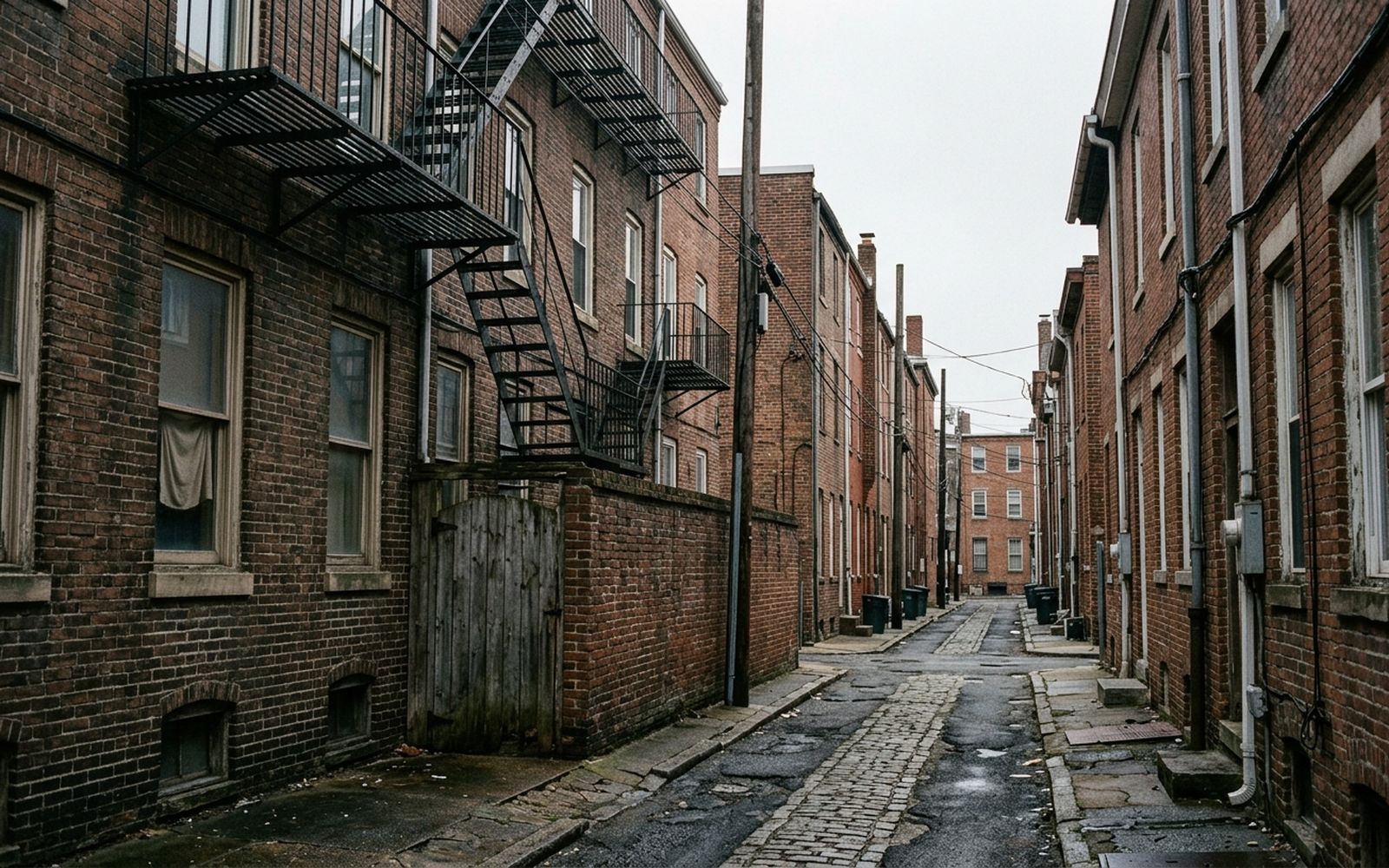 A narrow brick service lane running between the backs of row houses, worn paving, a wooden gate and fire escapes above, nobody in frame