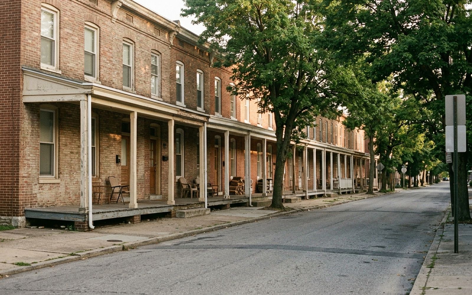 A long row of brick houses with covered front porches on a residential street, mature street trees, parked cars absent, late afternoon light